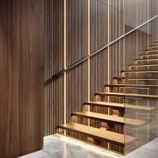 Ribbon-Wood Walnut avec éclairage LED dans l'escalier
