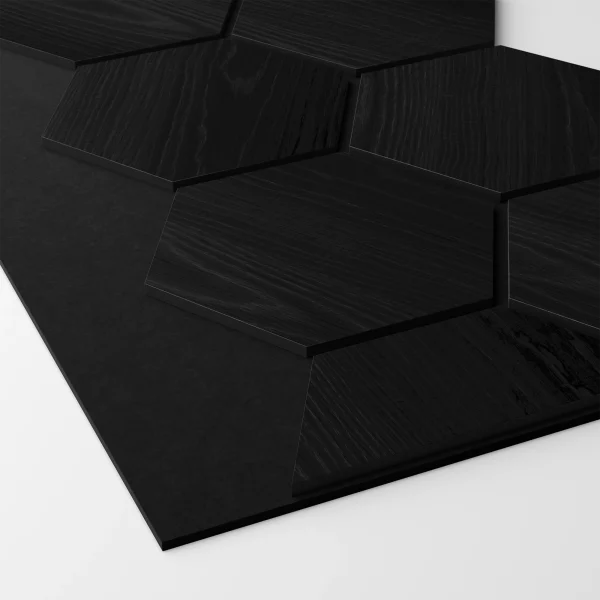 Ribbon-Hexagon Black Diamond Ash joint panel with black acoustic felt with dimensions